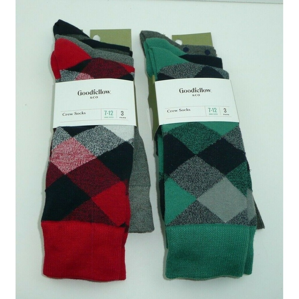 6 Pairs Men's Crew Socks Goodfellow Co Random Patterns Diamonds Variety Packs